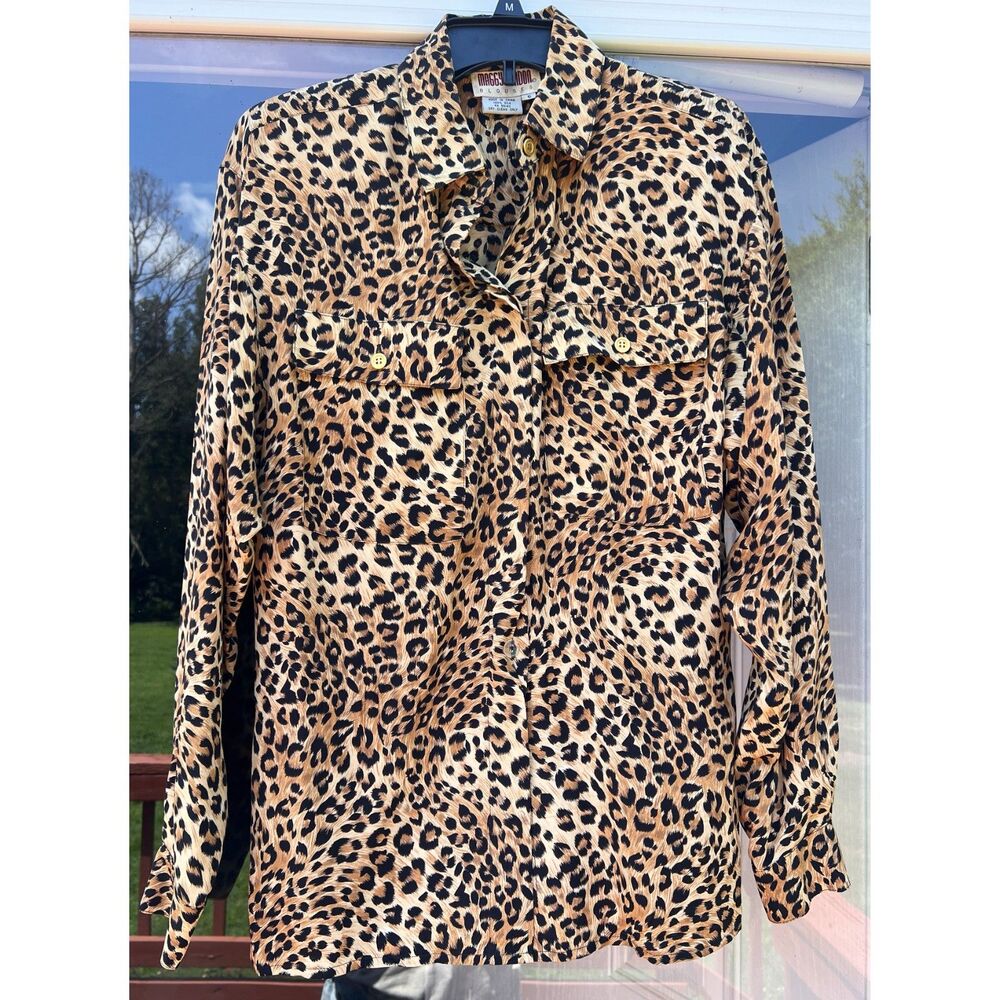 Vintage Maggy London 100% Silk Leopard Animal Print Button Blouse Shirt